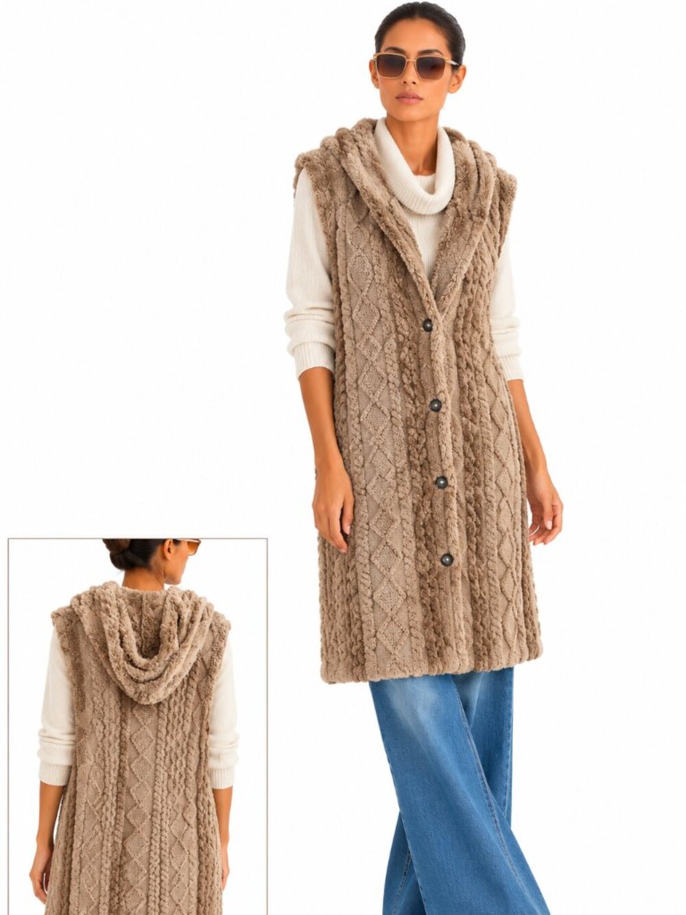 Long Faux fur vest with hood